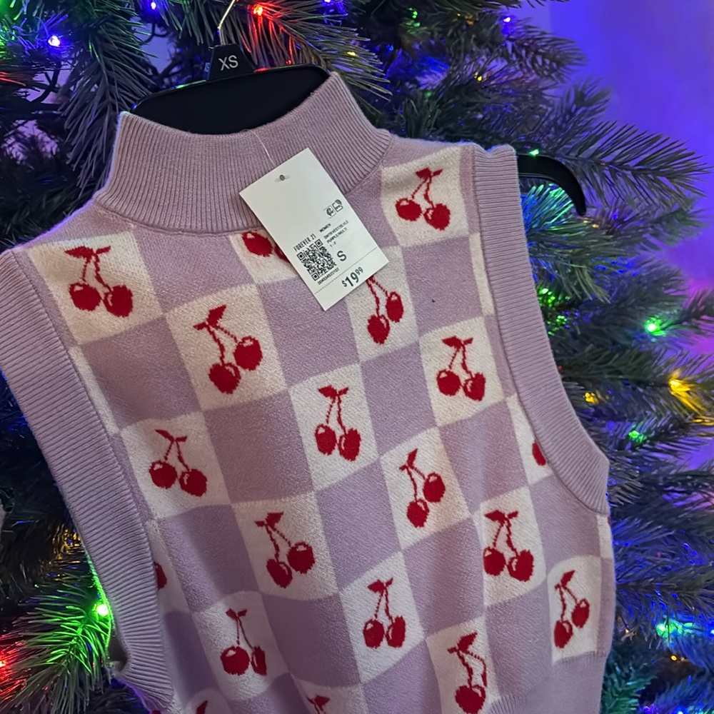 Brand new with tags purple and white checkered vest sweater with cherry’s
